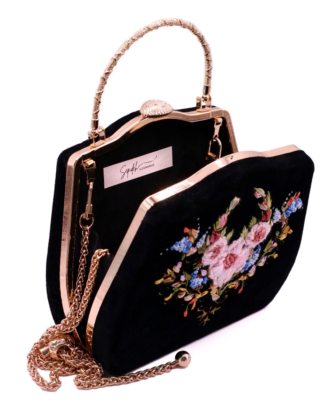 Embroidered Velvet Bag with Gold Metal Frame