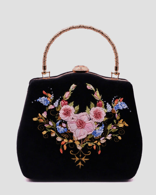 Embroidered Velvet Bag with Gold Metal Frame